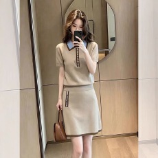 批发法式独特漂亮一整套女<b class='q'>夏装</b>咖色polo翻领短袖t恤上衣半身裙两件套