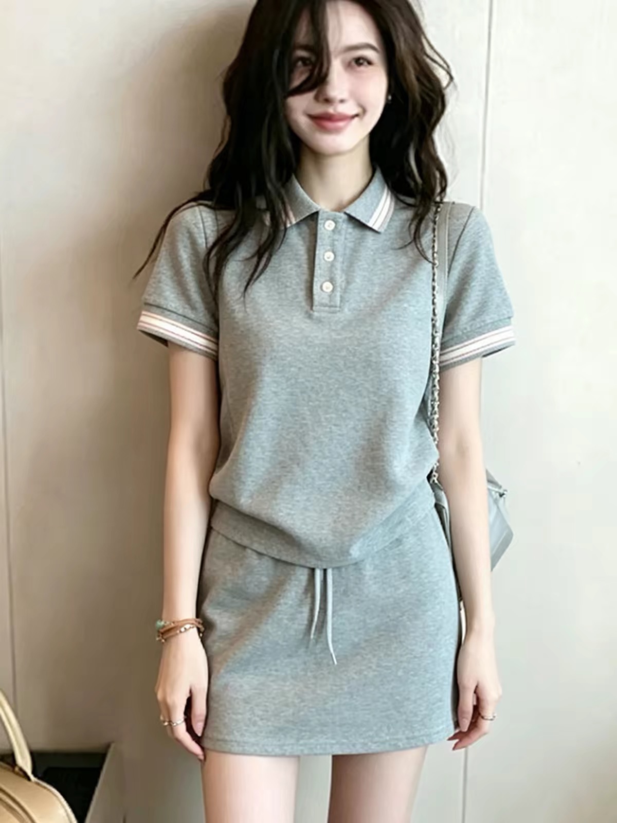 BY29954# 超火夏装一整套穿搭小个子灰色休闲运动服短袖短裙两件套装女 服裝批發女裝批發服飾貨源