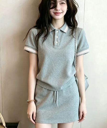 2026 슈퍼 화재 여름 드레스 전체 집합 착용 가져 가라. 작은 키 회색 캐주얼 운동복 반팔 미니 스커트 투피스 슈트 여성