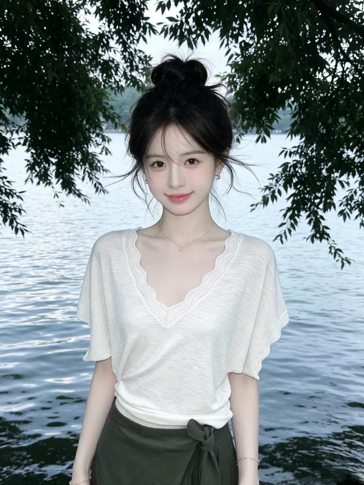BY29953# 温柔气质V领短袖针织T恤女夏新款高级感宽松显瘦百搭花边小衫上衣 服裝批發女裝批發服飾貨源
