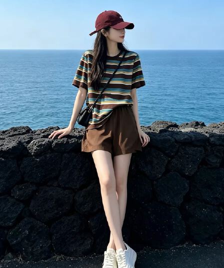 항구 바람 느긋한 바람 캐주얼 스포츠 슈트 여성 여름 레트로 스트라이프 반팔 티셔츠 넓은 다리가 짧다. 바지 얇은 스타일 투피스 세트
