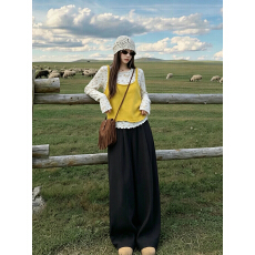 批发韩系甜美三件套女小花长袖打底针织吊带抽绳阔腿裤叠穿慵懒套装
