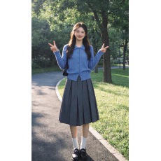 批发2026新款蓝色针织半身<b class='q'>连衣裙</b>女早秋季韩系巨好看穿搭一整套装长裙