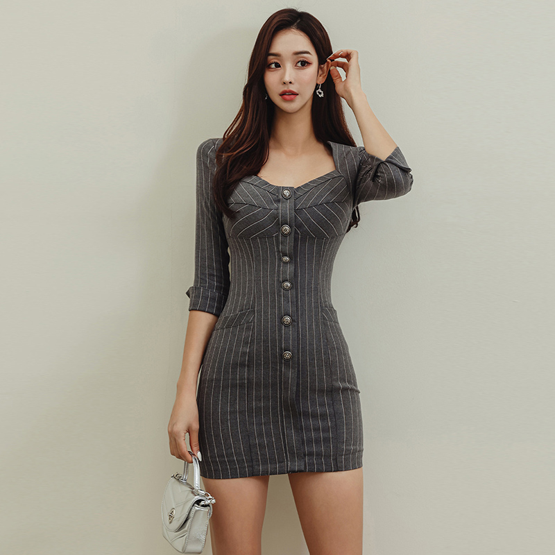 MY13047# 新款韩版名媛风方领气质条纹修身小个子性感连衣裙女裝貨源服...
