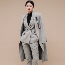 批发2025韩版修身职业女装西装领长袖西装长外套+女裤西装三件套装