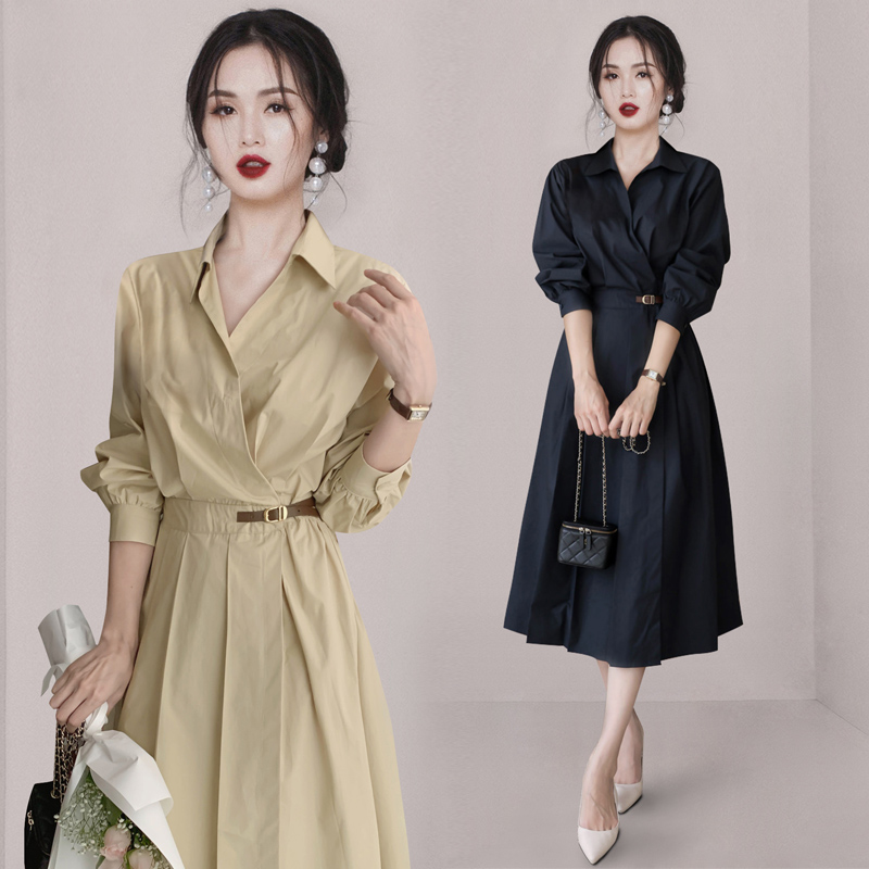 MY13051# 新款瑞丽V字翻领气质收腰显瘦压褶设计感长袖连衣裙女裝貨源...