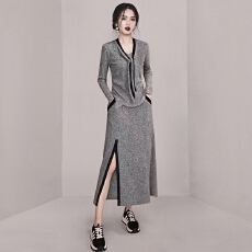 批发通勤2025秋<b class='q'>冬</b>新款 V 领系带收腰针织 + 高腰开叉半身裙气质两件套