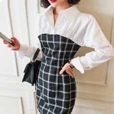 批发韩版假两件拼接<b class='q'>格</b>子<b class='q'>连衣裙</b>女春秋款气质收腰显瘦衬衫领长袖包臀裙