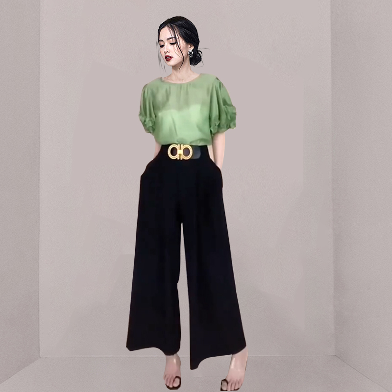 빛 요리 한 프랑스식 여성 여름 녹색 거품 소매 쉬폰 블라우스 검정색 도루 센스 와이드 레그 팬츠 하이웨이스트 슬림해 보이는 투피스 세트