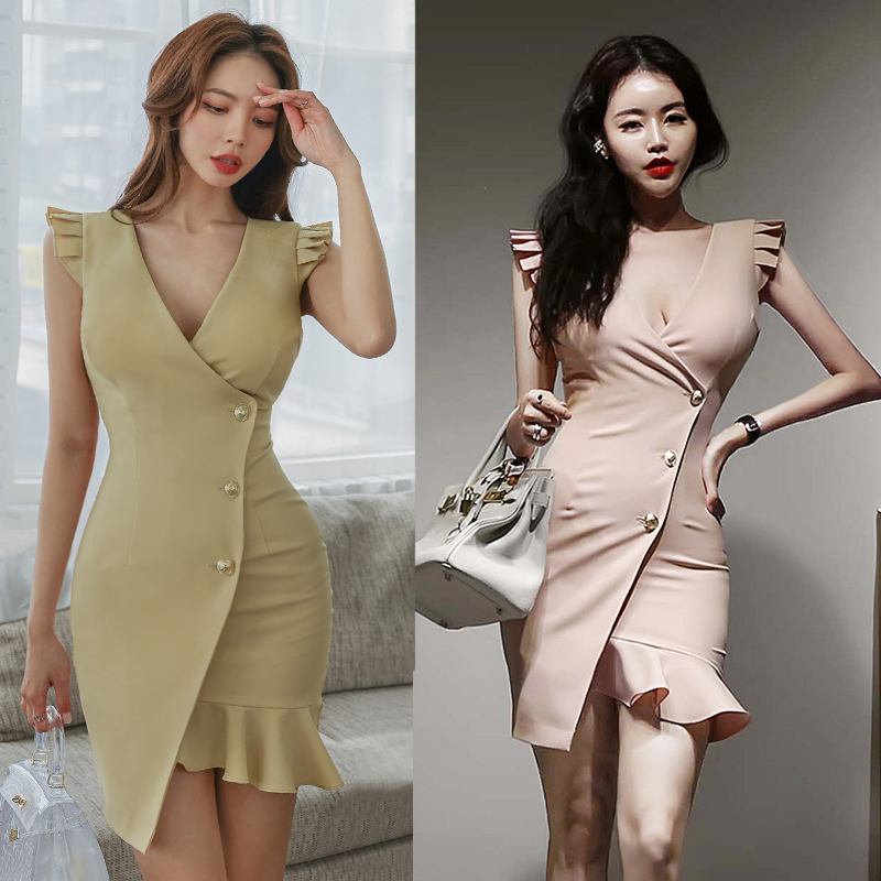 순수한 욕망 바람 섹시함 Feifei 소매 드레스 여름 드레스 새로운 깊은 v 허리 수축 슬림해 보이는 타이트 스커트 프랑스식 인어 꼬리 미니 스커트