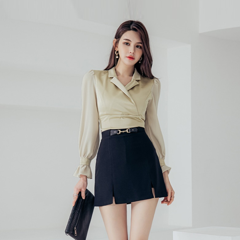 RY2675# 2026新款气质通勤翻领收腰上衣+开叉短裙两件套 女显瘦轻...