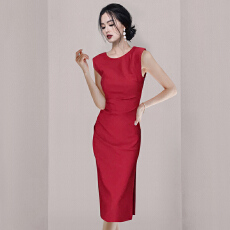 批发法式复古红色无袖包臀裙女夏高级感收腰开叉宴会礼服裙职业<b class='q'>连衣裙</b>