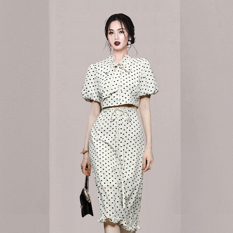 RY3997# 2026夏季新款法式波点套装女泡泡袖短款上衣高腰半身裙两件...