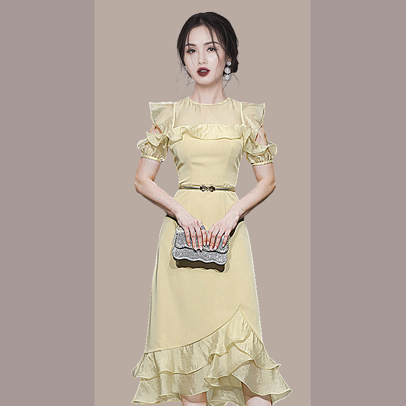 RY3994# 2026法式黄色连衣裙女夏 荷叶边露肩收腰鱼尾裙 气质显瘦...