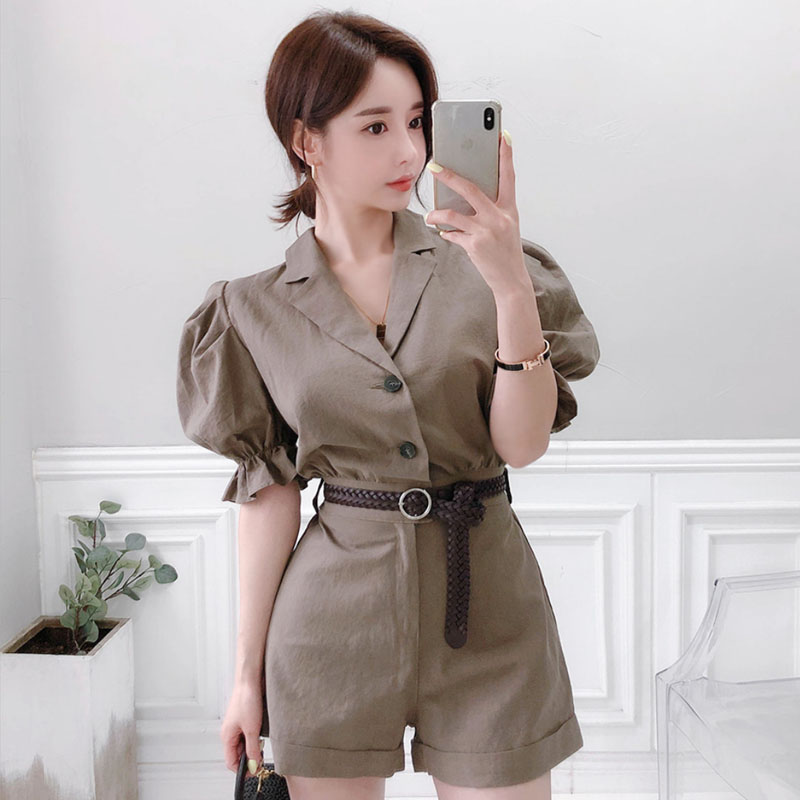 여름 새로운 정장 칼라 거품 소매 올인원 반바지 여성 한국 스타일 품격 하이웨이스트 슬림해 보이는 넓은 다리 점프 슈트 바지
