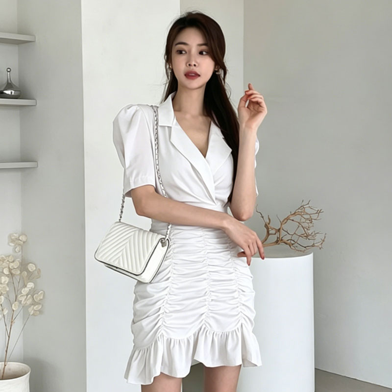2026 한국 스타일 새로운 순수한 욕망 바람 정장 칼라 여성 드레스 허리 수축 슬림해 보이는 품격 화이트 타이트 스커트 미니 스커트
