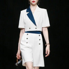 批发2026韩版撞色西装套装女短袖短款上衣高腰阔腿短裤干练御姐两件套