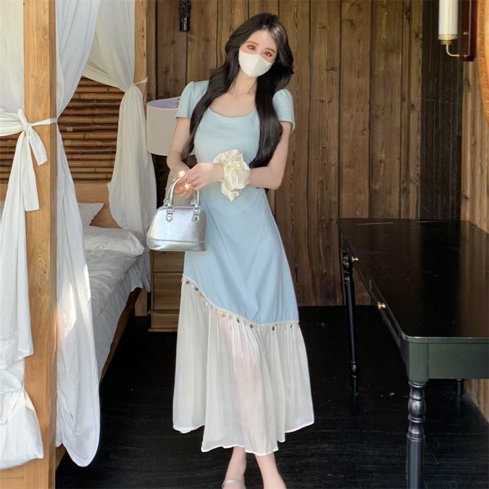 MY8864# 韩版法式赫本风方领褶皱收腰撞色拼接小亮片贝壳连衣裙女裝貨源服裝批發