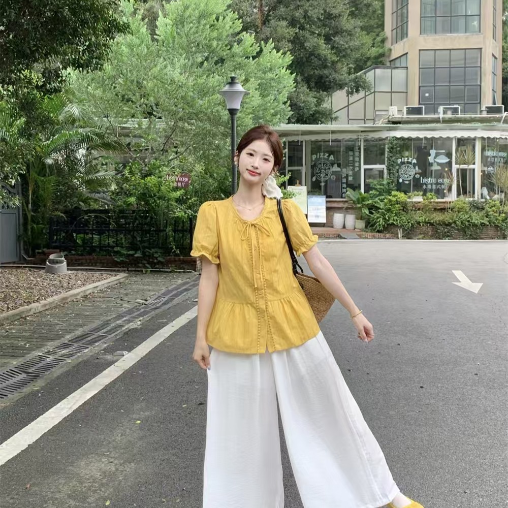 실사 여름 새로운 프랑스식 달콤함 라운드 넥 측면 거품 소매 빅 사이즈 루즈핏 슬림해 보이는 연령 감소 인형 셔츠