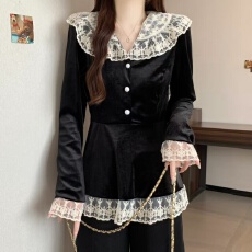批发实拍～法式蕾丝花边拼接黑色长袖金丝绒荷叶衬衫