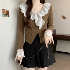 批发实拍 法式V领别致荷叶边娃娃领拼色蕾丝加厚百搭长袖内搭上衣
