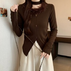 批发实拍～复古羽毛装饰挂脖针织衫设计感不规则下摆修身长袖加厚上衣