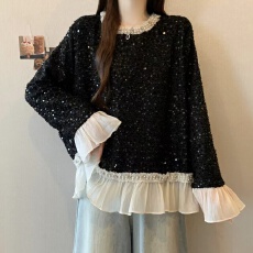 批发实拍～新款时尚拼接花边小香风长袖T恤洋气重工钉珠圆领打底衫