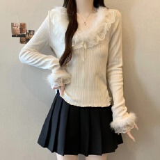 批发实拍~胖MM法式千金蕾丝拼接针织衫女秋<b class='q'>冬</b>氛围感独特漂亮毛绒上衣