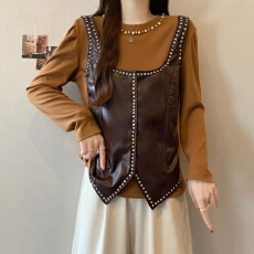 批发实拍~欧洲站拼接假两件圆领<b class='q'>长袖</b>t恤女2025冬季新款洋气上衣ins