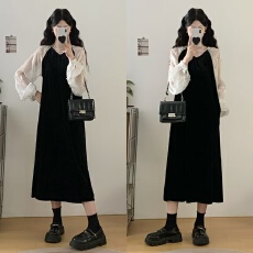 批发实拍 2025<b class='q'>秋</b>季新款气质宽松显瘦V领连衣裙女时尚拼接丝绒长裙