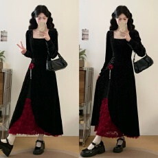 批发实拍 玫瑰丝绒拼接连衣裙2025<b class='q'>秋</b>冬新款收腰显瘦长裙