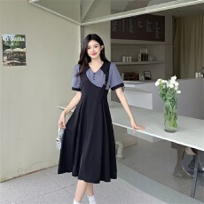 批发实拍小众设计短袖衬衣拼接背带裙潮流时尚遮肉子假两件连衣裙