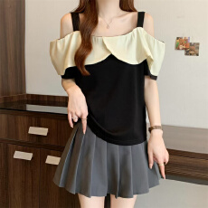 批发实拍~ <b class='q'>胖</b><b class='q'>MM</b><b class='q'>夏季</b>新款法式撞色拼接一字肩假两件针织短袖上衣