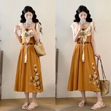 批发实拍～原创夏日雏菊新中式国风汉元素连衣裙蕾丝披肩套装女