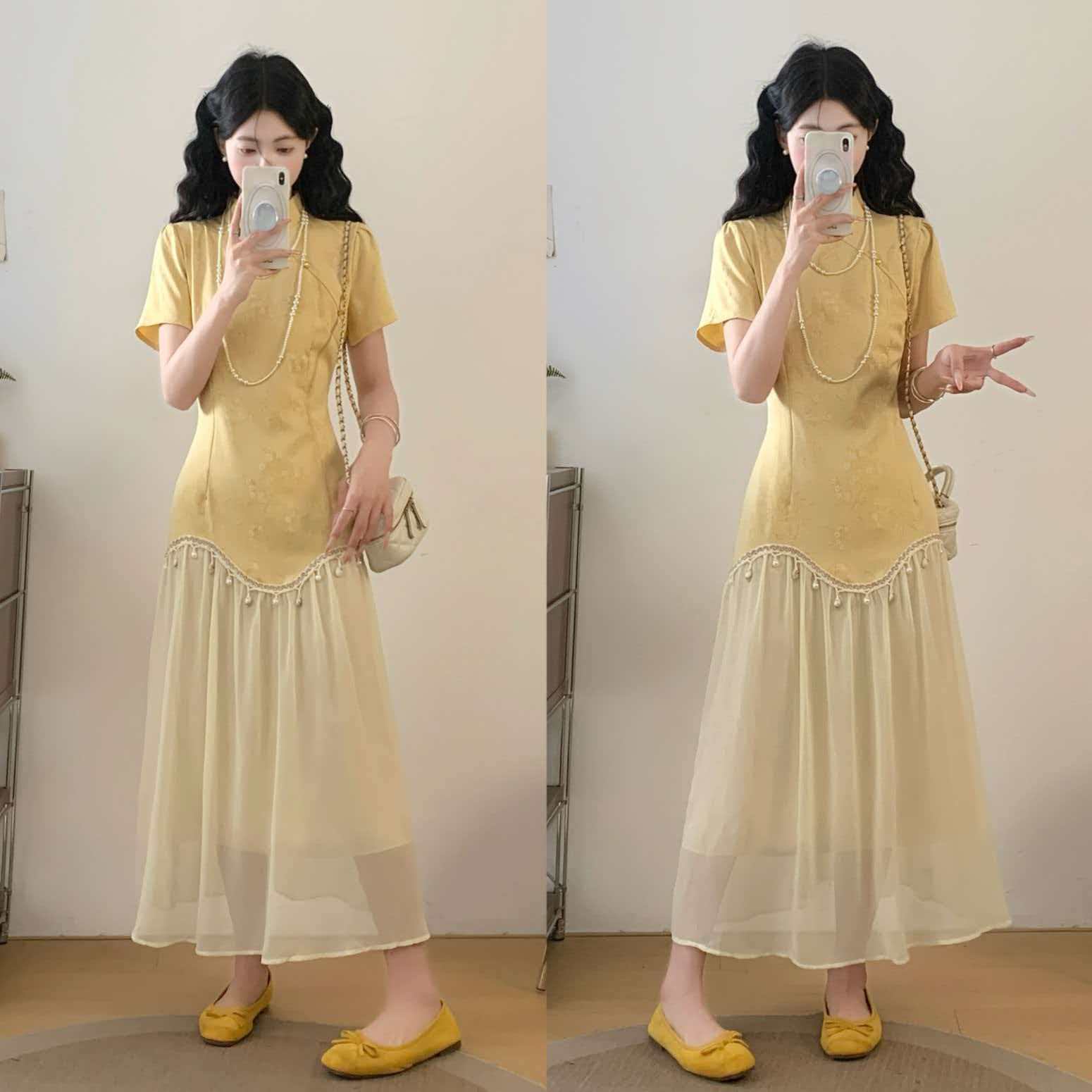 RY2189# 实拍大码月桂新中式印花拼接假两件旗袍2026夏新款黄色连衣裙