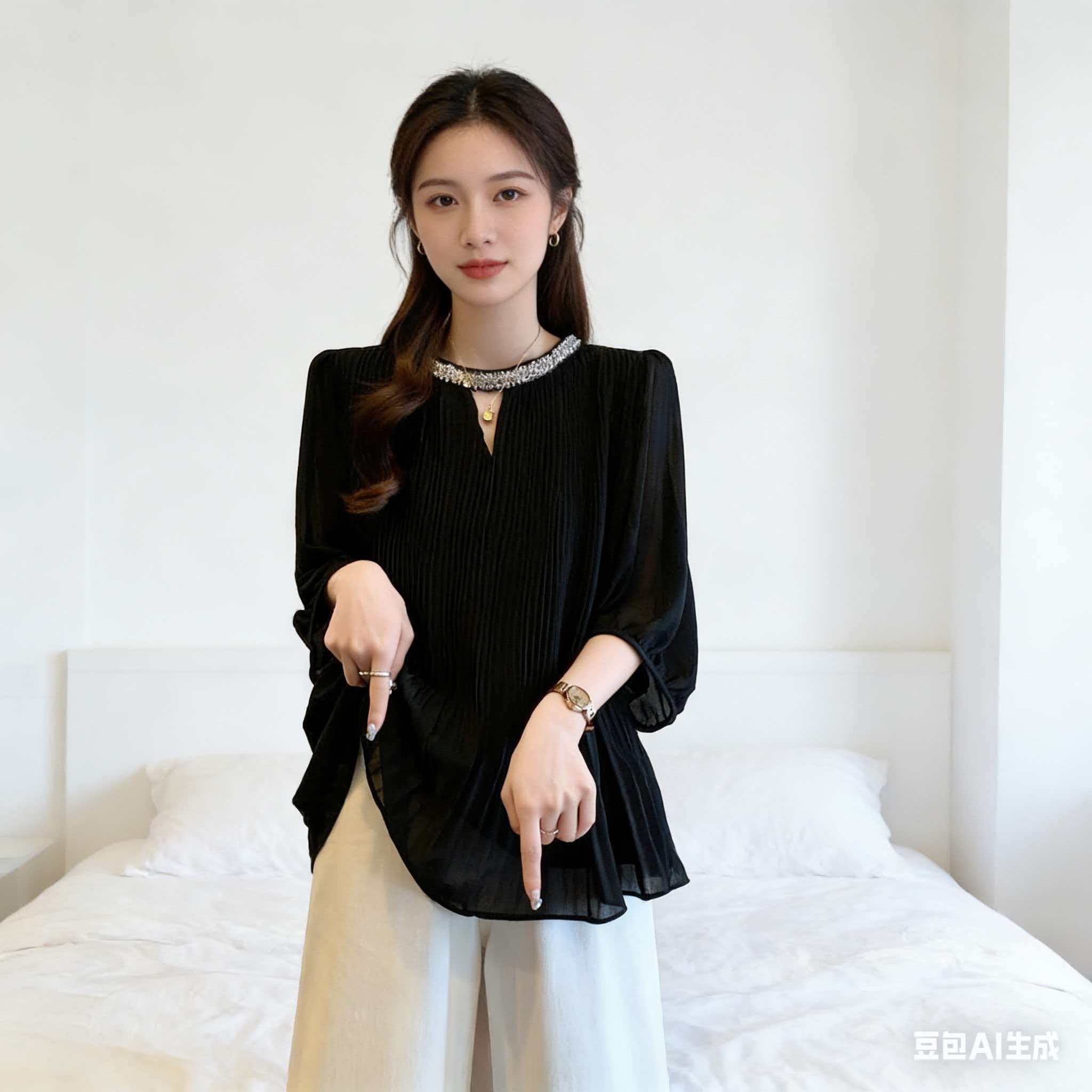 실사 2026 여름 새로운 빅 사이즈 여성 의류 다이아몬드 세팅 검정색 시폰 셔츠 여성 지방 mm 빛 럭셔리 외국 가스 슬림해 보이는 맨위
