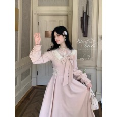 批发Blovelan柔雾蔷薇 公主千金感粗纺纱蝴蝶结减龄假两件连衣裙秋冬