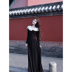 批发吃绿色菜【黑天鹅 11.25新品】黑白拼色扭结喇叭袖大<b class='q'>裙</b>摆连衣<b class='q'>裙</b>