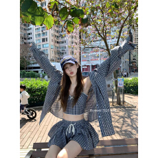 批发菲林假日 慵懒格子<b class='q'>衬衫</b>吊带+短裤套装
