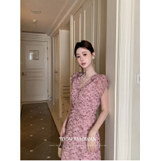 批发小婉法式浪漫扎染V领度假风褶皱收腰显瘦<b class='q'>短袖</b>波点<b class='q'>连衣裙</b>LYQ1