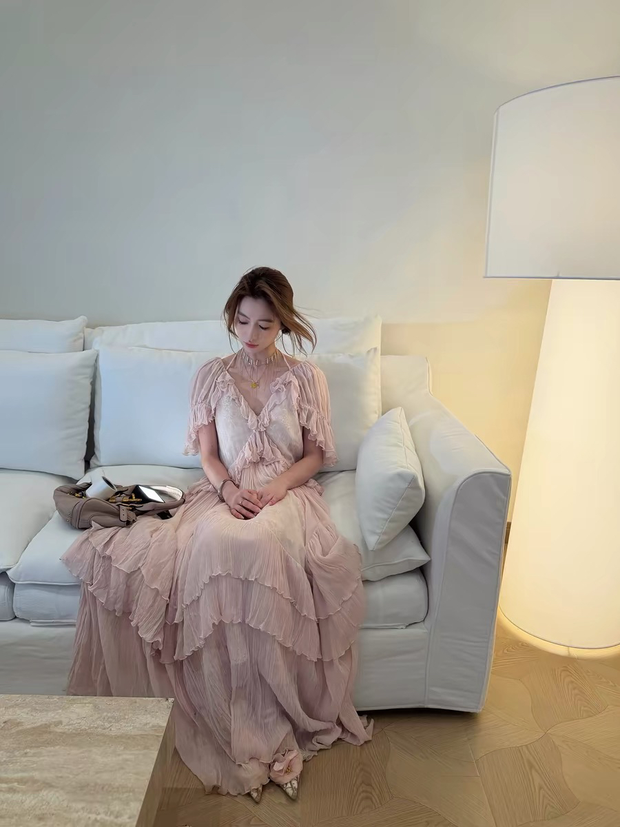 cunblvd 자주 저장 프랑스식 레이스 거품 소매 디자인 센스 롱 스커트 여성 핑크색 프릴 요정 드레스