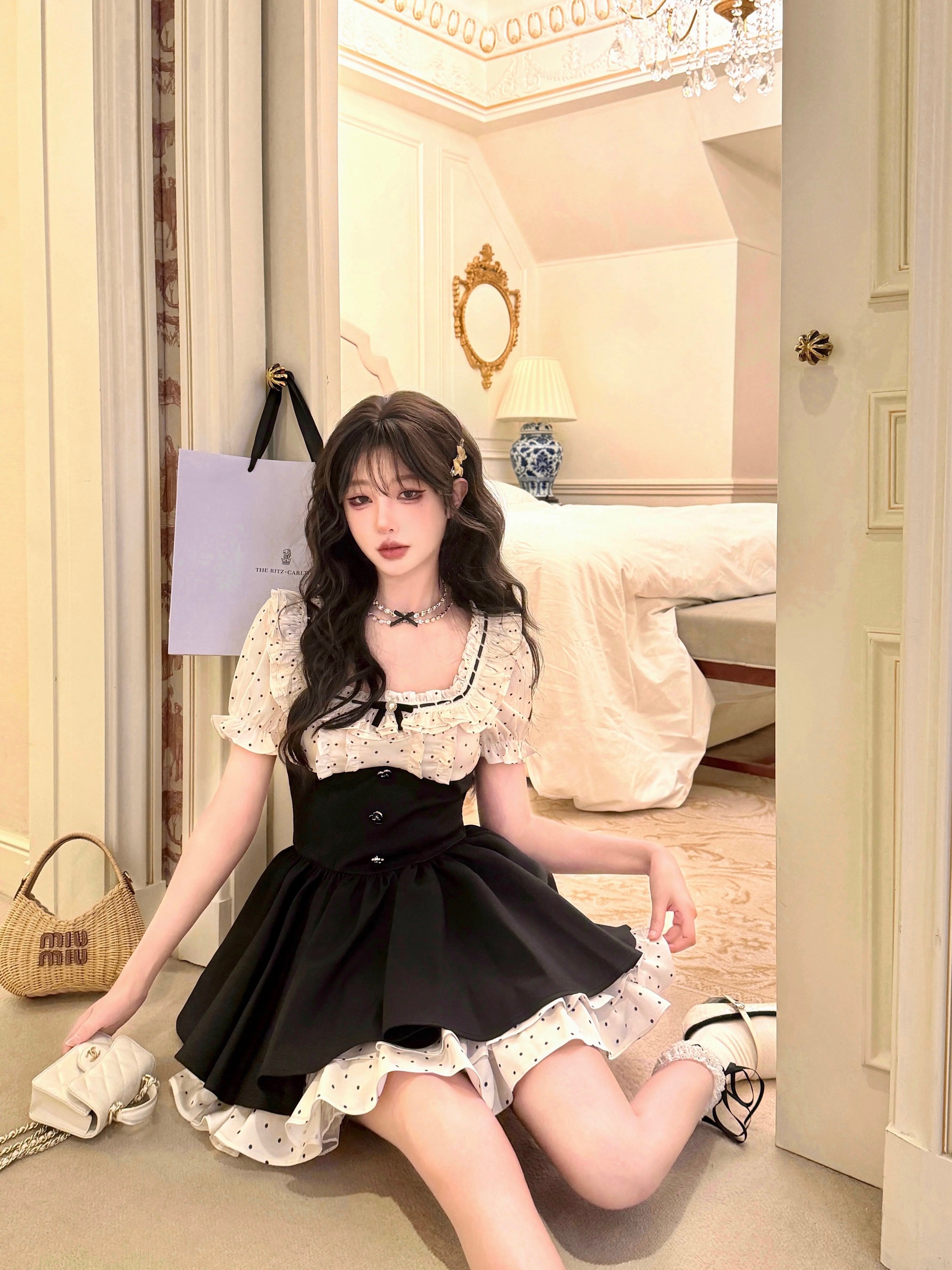 bull0313 하나 배 리스 요새 천 골드 반팔 프랑스식 소녀 도트 무늬 드레스 여름 퍼프 미니 스커트