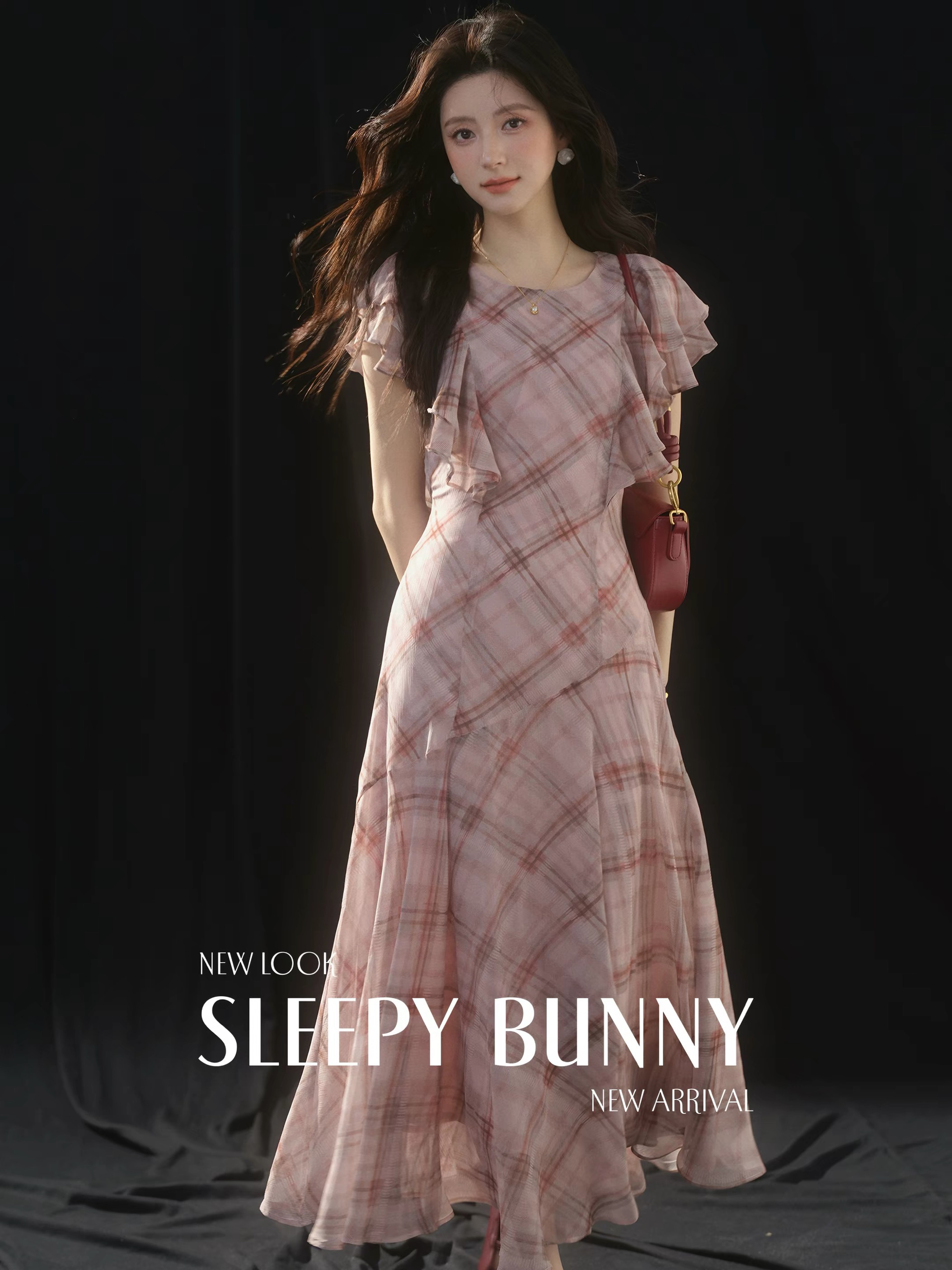 sleepybunny 프랑스식 체크무늬 라운드 넥 쉬폰 여성 드레스 하이웨이스트 중간 길이 프릴 반팔 롱 스커트