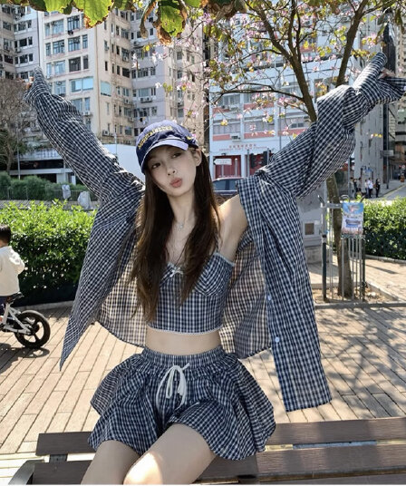 밤나무 코코아 bankelili 필리핀 린 휴일 느긋한 한 부서 격자 무늬 셔츠 슬립 반바지 세트
