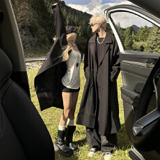 批发男女同款大衣 宽松抗皱双排扣中长款风衣 情侣上衣外套