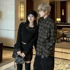 批发春季新款法式气质长袖高腰显瘦格子拼接短裙套装<b class='q'>情侣装</b>