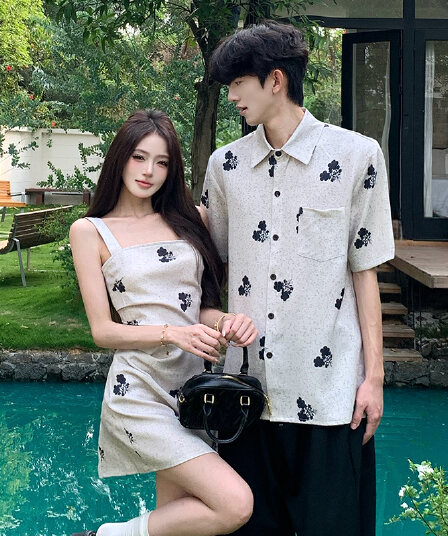 꽃 프린트 품격 꼬집기 허리 회색 슬립 드레스 하나 의류 하나 치마 커플룩