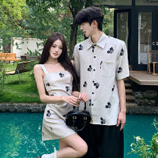 批发花朵 印花气质掐腰灰色吊带连衣裙 一衣一裙情侣装