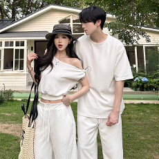 批发韩系短袖白色<b class='q'>T</b><b class='q'>恤</b> 高腰百搭垂感宽松阔腿休闲裤 <b class='q'>男</b>女情侣套装