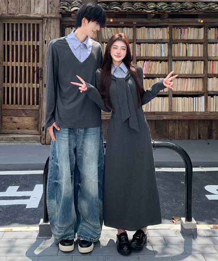 학원 스타일 회색 조정 나비 넥타이 싸움 스트라이프 셔츠 칼라 롱 스커트 하나 의류 하나 치마 커플룩